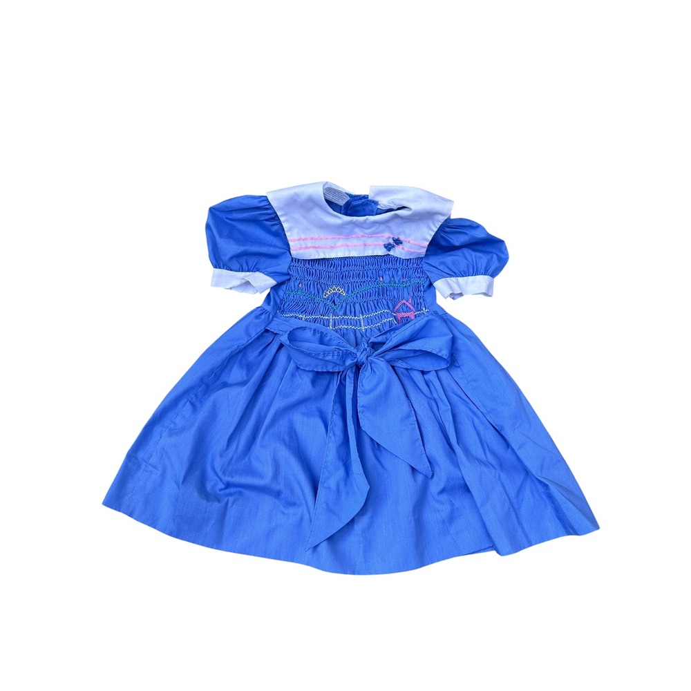 Vintage Polly Flinders Girl's‎ 4 Blue Smocked Dress Puff Sleeve Embroidered Farm